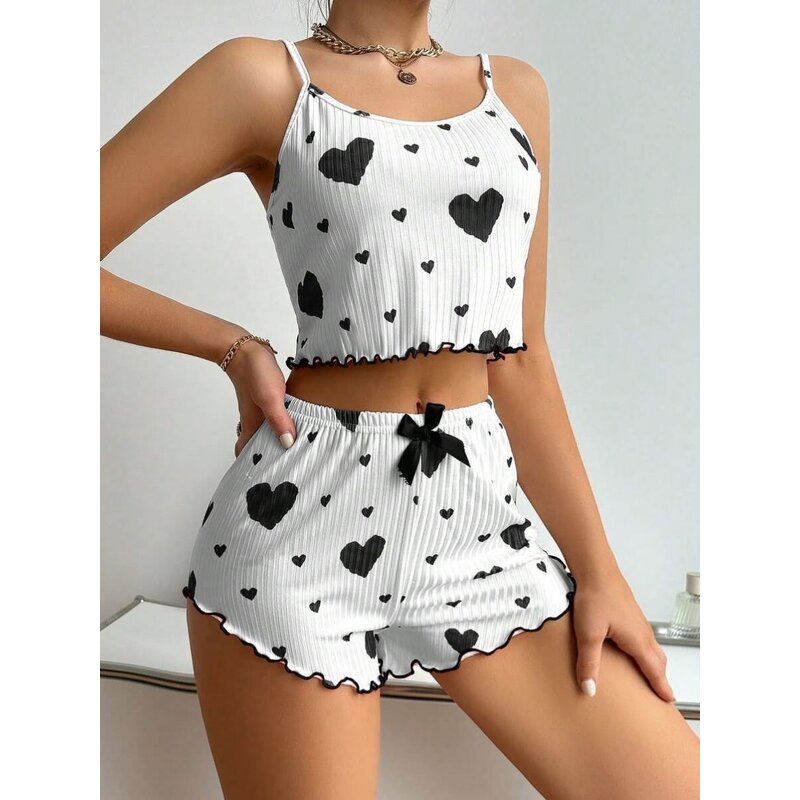 Camisole Shorts Pajamas Manufacturer - OEM Women's Sweet Print Summer Camisole Shorts Pajamas Knitted Lace with Elastic