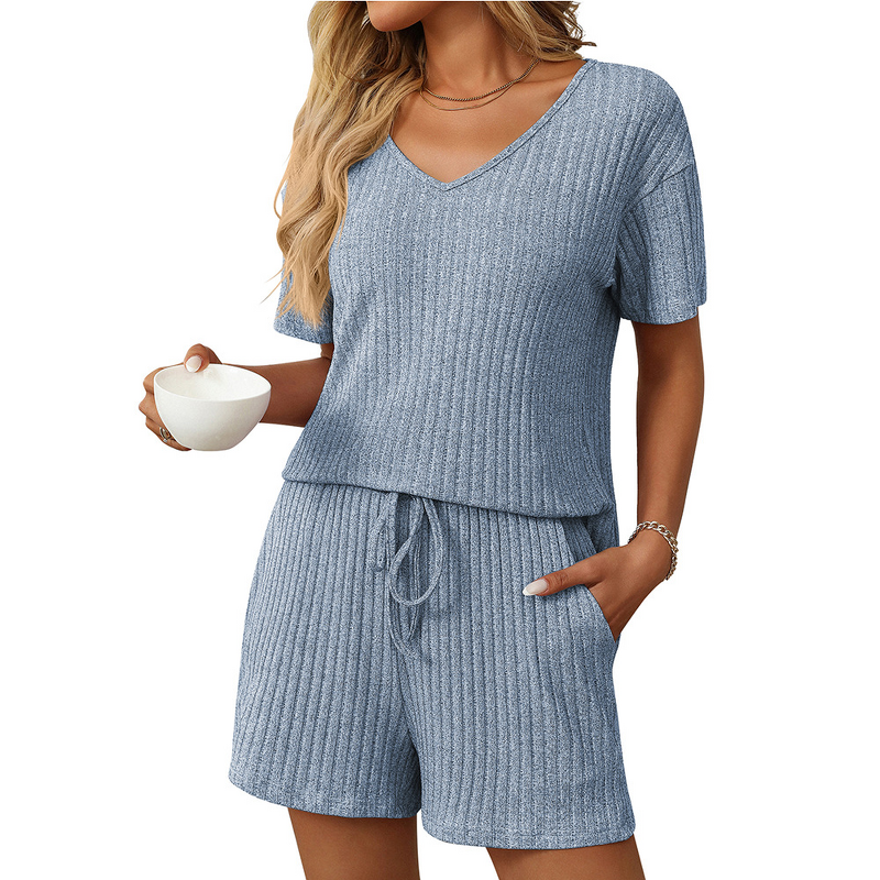 Ribbed Pajamas Factory - OEM Summer New Women's Clothing European American Solid Color Ribbed Short-Sleeved Pajamas
