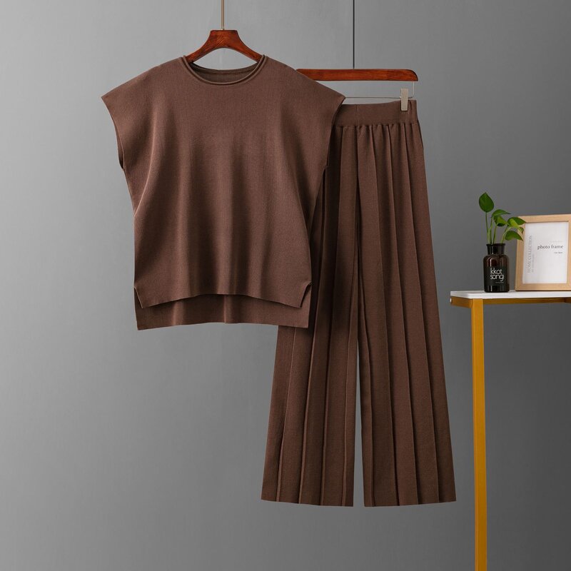 Leisure Suit Factory - OEM Summer new solid color sleeveless vest sweater wide leg pants large size leisure suit elastic