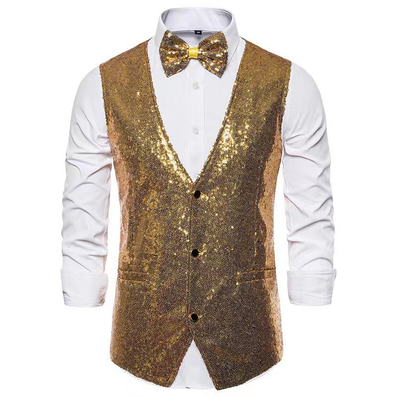 Sequins Vest Factory - OEM Men's Fashion Stage Performance Suit with Small Sequins Vest for Male Host Emcee Photo Studio