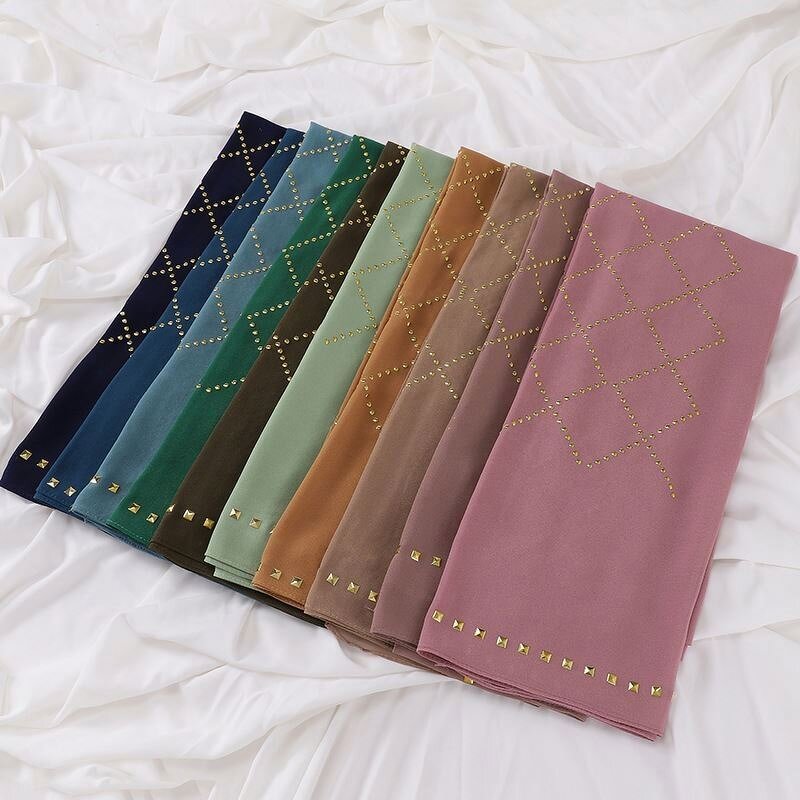 Plain Hijabs Scarf Factory - OEM 2024 Ruizi Arrival Plain Women Islamic Shawl Rhinestone Muslim Headscarf Heavy Chiffon