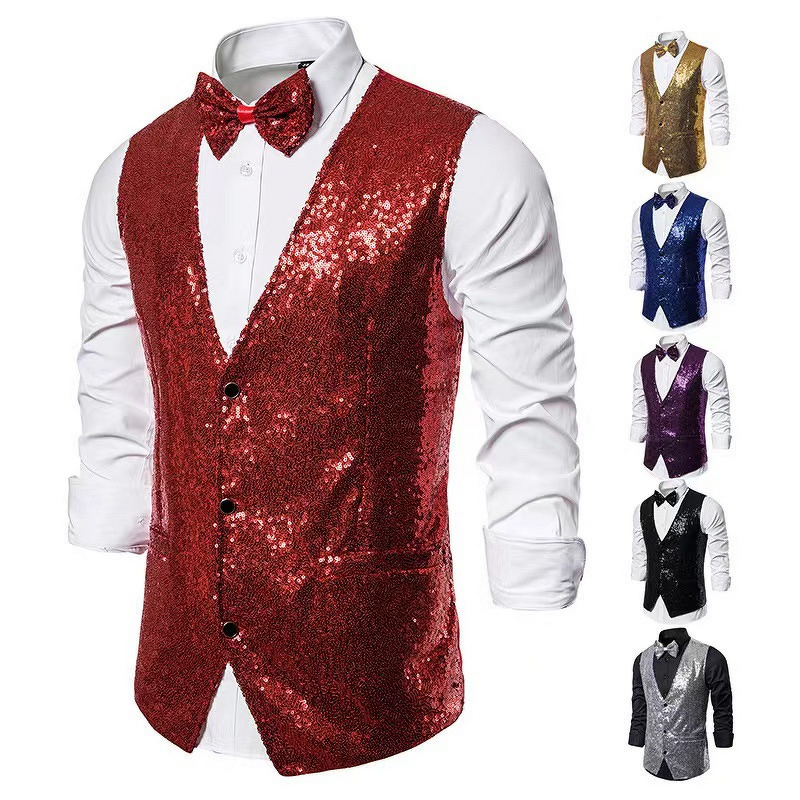 Sequins Vest Factory - OEM Men's Fashion Stage Performance Suit with Small Sequins Vest for Male Host Emcee Photo Studio