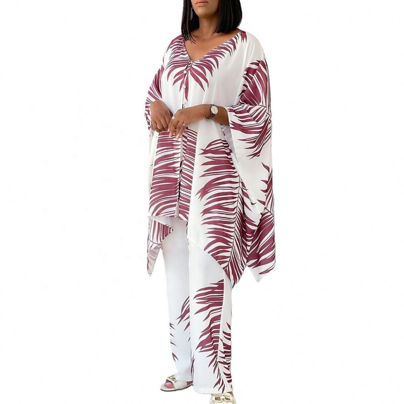 Printed Top and Pants Set Factory - OEM Two Loose Printed V-Neck Top and Wide Leg Pants Set 2 Piece Outfits