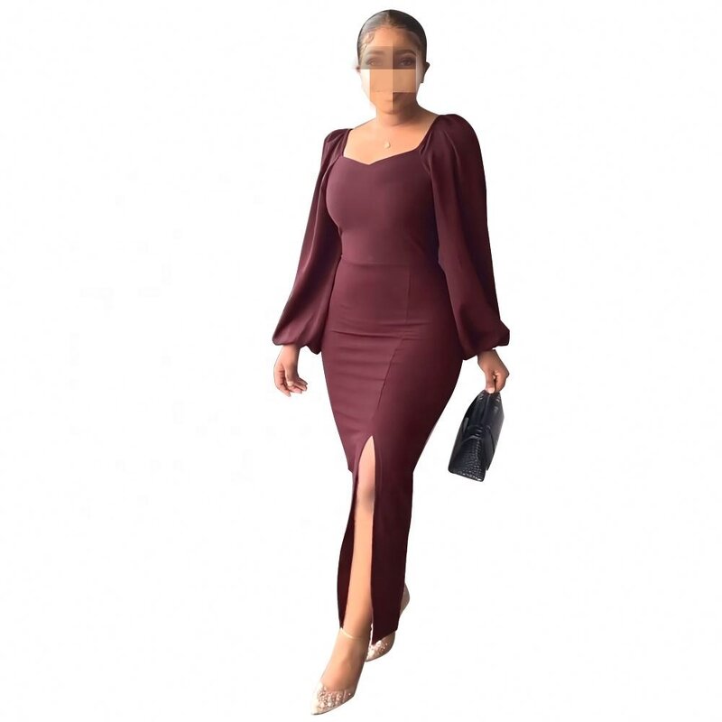 Bodycon Dress Manufacturer - OEM Slim Sexy Backless Split Lantern Sleeve Bodycon Dress Office Women Formal Work