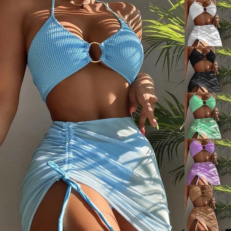 Mesh Sheer Skirt Set Factory - OEM See Through Mesh Sheer Skirt Beachwear 3 Piece Womens Clothing Set Wool Suit