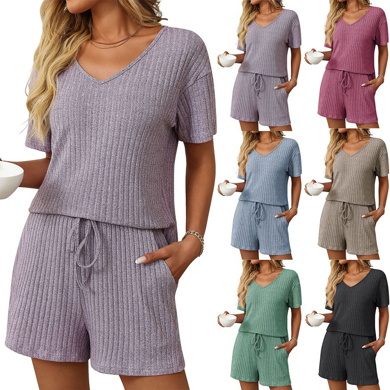 Ribbed Pajamas Factory - OEM Summer New Women's Clothing European American Solid Color Ribbed Short-Sleeved Pajamas