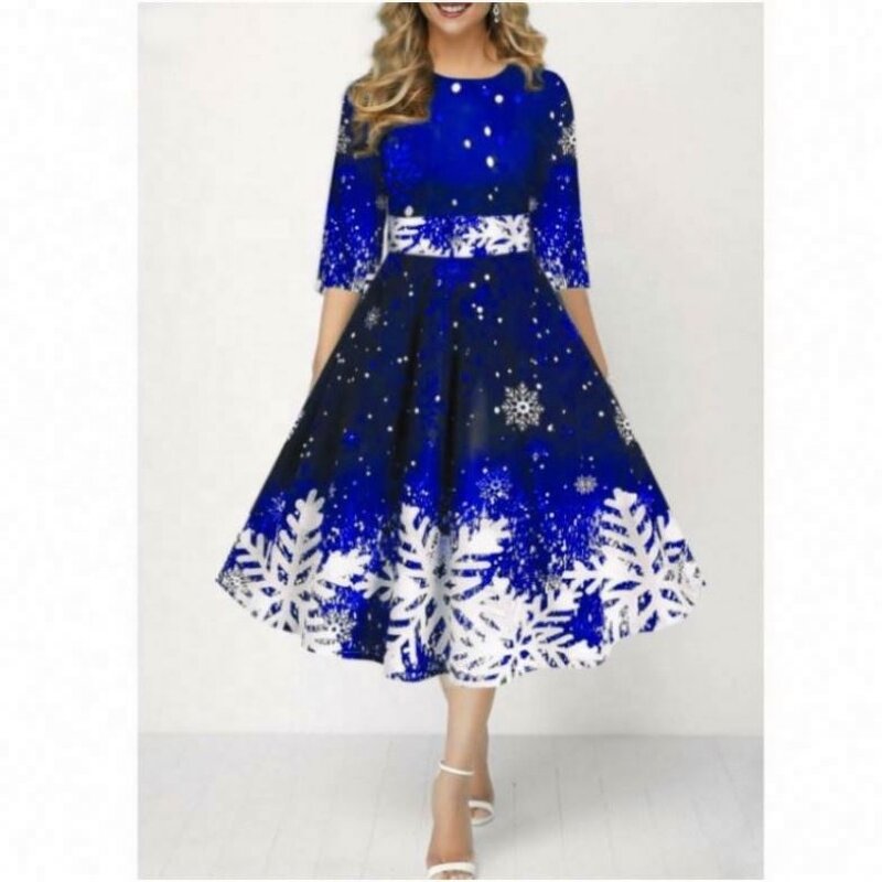 Mid-Sleeve Dress Manufacturer - OEM 2024 New Fashion Waist Snowflake Print Lace