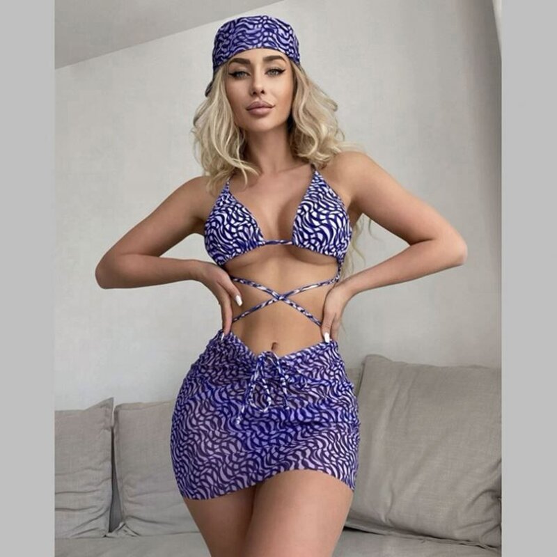 Bikini Bathing Suits Set Manufacturer - OEM Popular Hot Selling Bikini Bathing Suits With Mesh Beach Skirt and Bandana