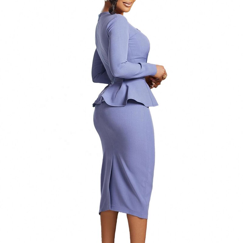 Office Dress Sets Factory - OEM Fall Casual Long Sleeve Elegant Ruffle Office Dress Women Formal Work Career Dresses