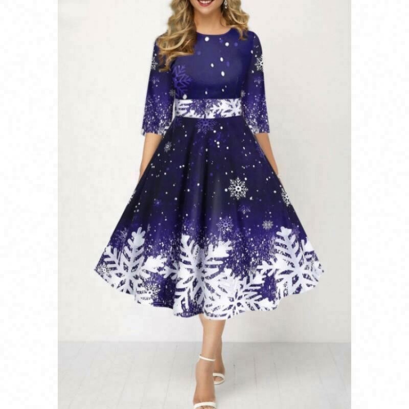 Mid-Sleeve Dress Manufacturer - OEM 2024 New Fashion Waist Snowflake Print Lace