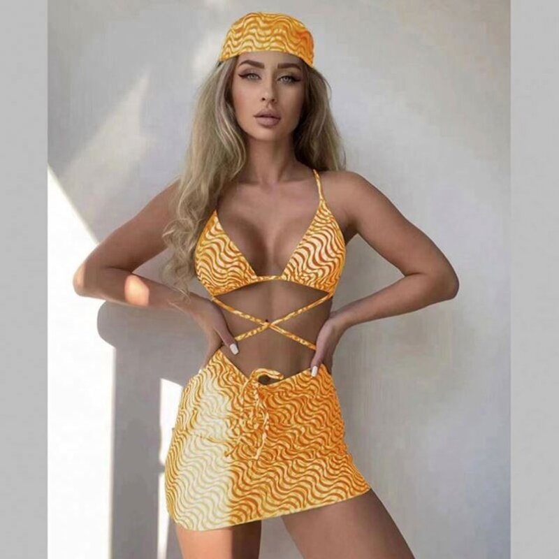 Bikini Bathing Suits Set Manufacturer - OEM Popular Hot Selling Bikini Bathing Suits With Mesh Beach Skirt and Bandana