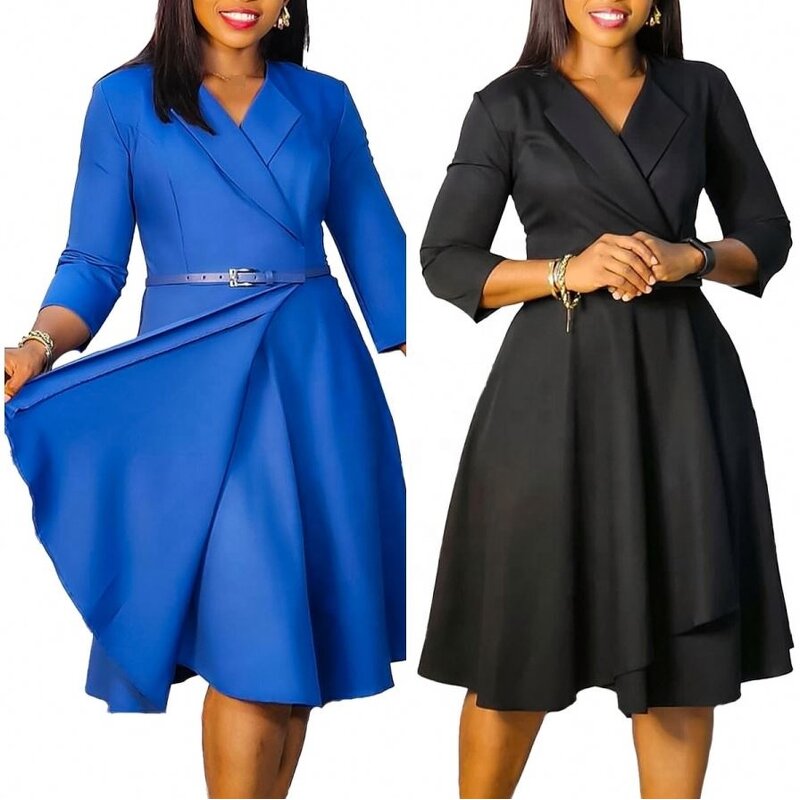 Office Lady Dress Factory - OEM Autumn Career Women Elegant V-Neck High Waist A-Line Office Lady Dress African Dresses