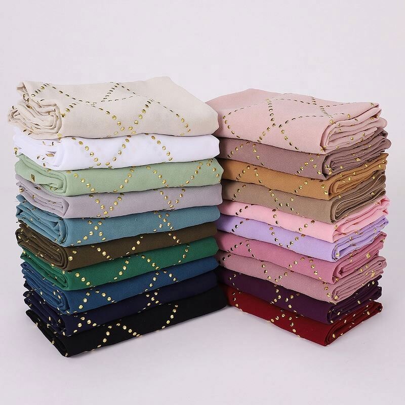 Plain Hijabs Scarf Factory - OEM 2024 Ruizi Arrival Plain Women Islamic Shawl Rhinestone Muslim Headscarf Heavy Chiffon