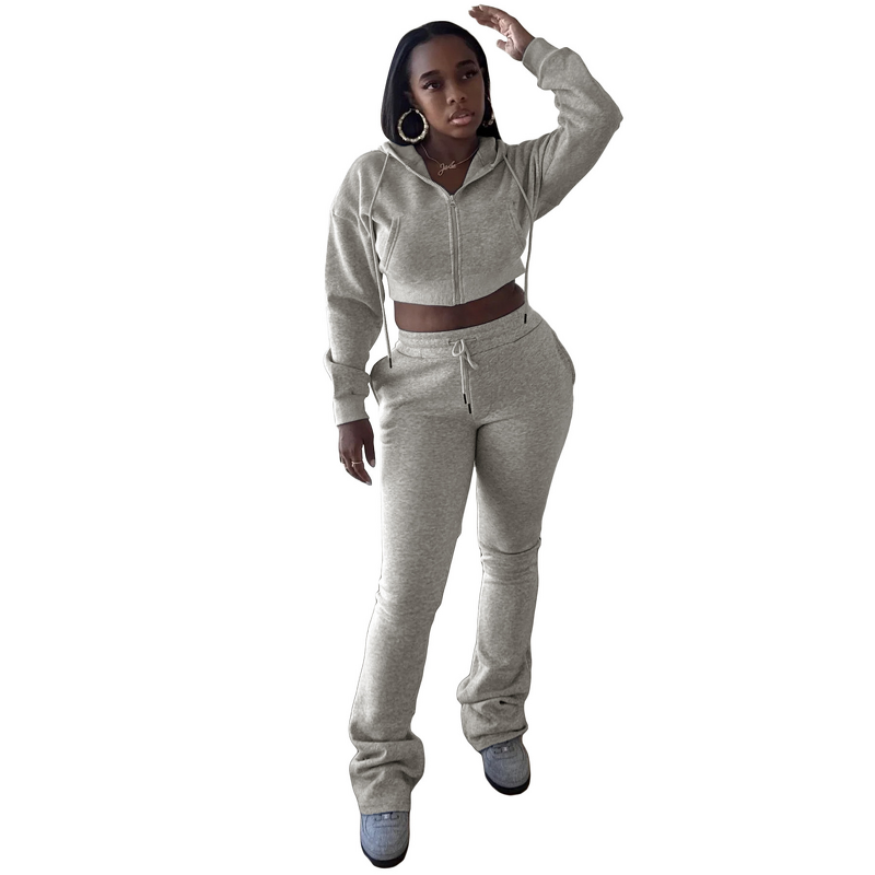 Women's Set Manufacturer - OEM Streetwear Fashion Women's Fleece Sweatshirt Hooded Cardigan Skinny Solid Stacked Flared Pants