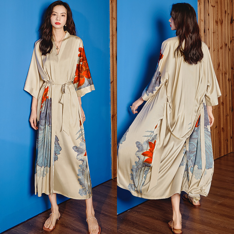 Satin Pajamas Manufacturer - OEM Women's Summer Satin Pajamas Large Size Three-Quarter Sleeve Nightgown Bathrobe