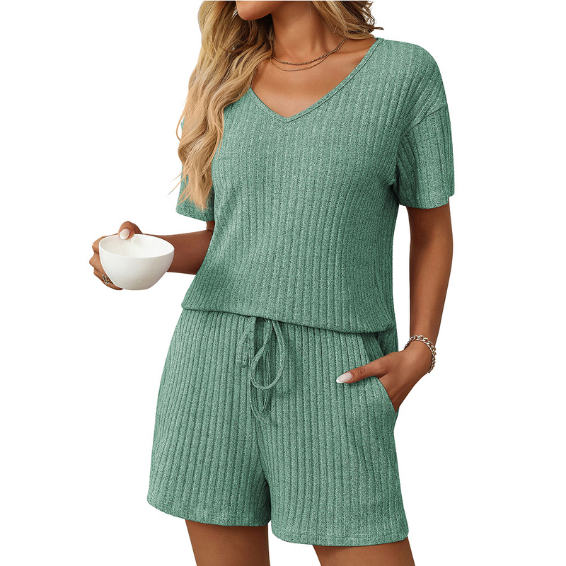 Ribbed Pajamas Factory - OEM Summer New Women's Clothing European American Solid Color Ribbed Short-Sleeved Pajamas