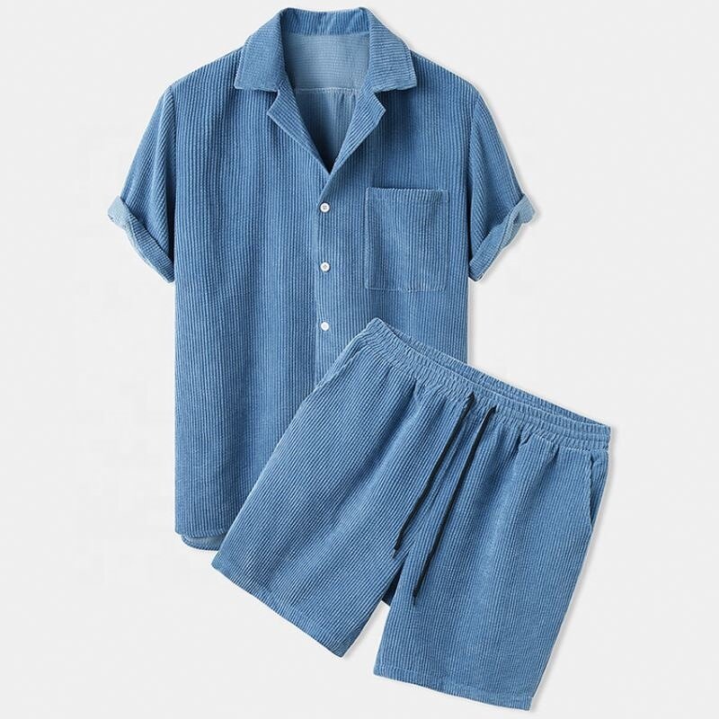 Corduroy Suit Set Manufacturer - OEM 2025 Men's Summer Casual Suit Set Vintage Style Breathable Corduroy Shirt & Shorts