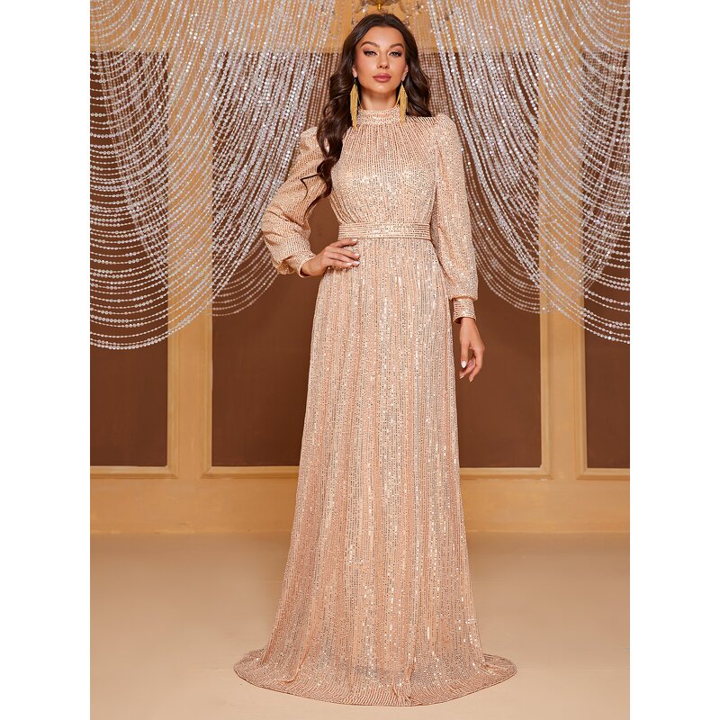 Sequin Dress Factory - OEM Women's Solid Color Sequin Long Sleeve Turtleneck Evening Dress Long Skirt Simple Elegant