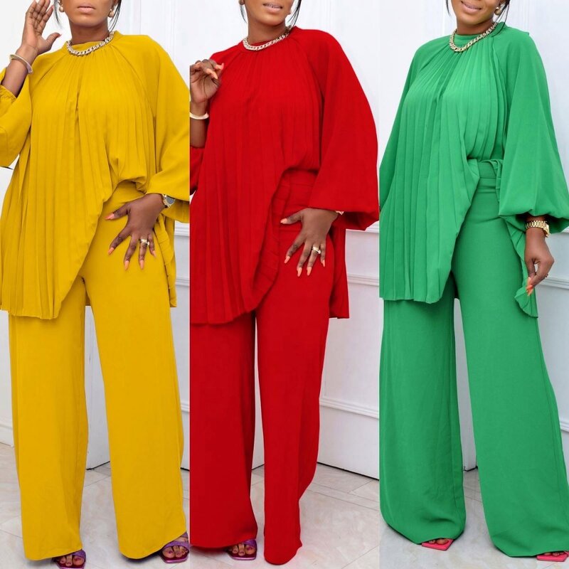 Pleated Top Set Manufacturer - OEM 2024 Two Loose Pants and Pleated Top 2 Piece Set Elegant Fall Outfits