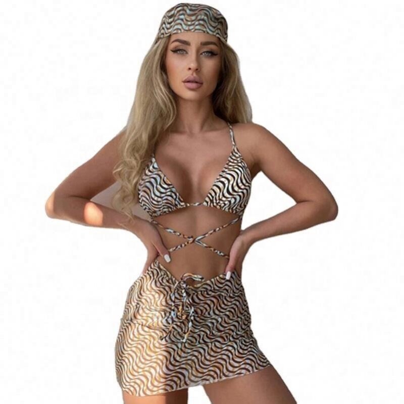 Bikini Bathing Suits Set Manufacturer - OEM Popular Hot Selling Bikini Bathing Suits With Mesh Beach Skirt and Bandana
