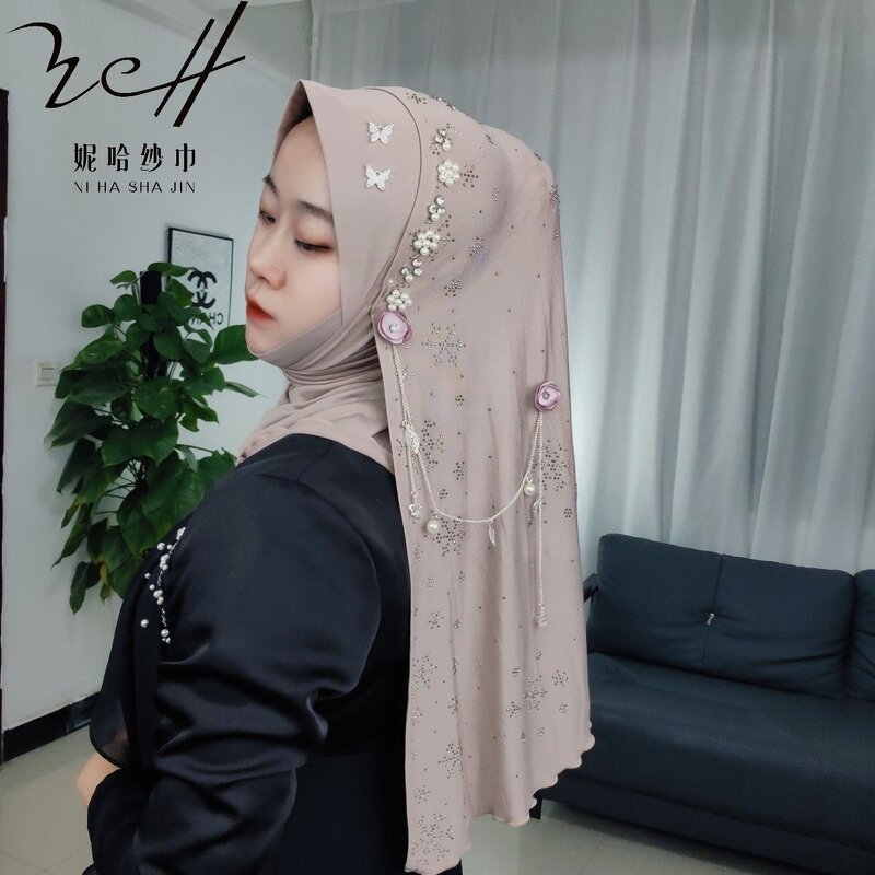 Solid Color Hijab Manufacturer - OEM/ODM Luxury with Intricate Beadwork Crystal Rhinestone