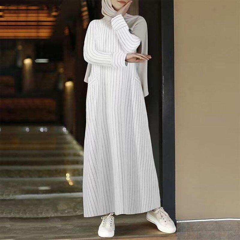 Retro Striped Dress Factory - OEM/ODM S-5XL Cotton Linen for Muslim Women Long-Sleeved Casual