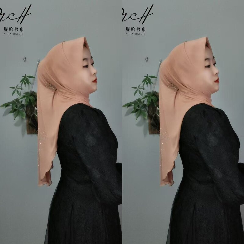 Rhinestone Hijab Manufacturer - OEM/ODM Embroidered with Tail Veil Breathable MeshDouble Layer