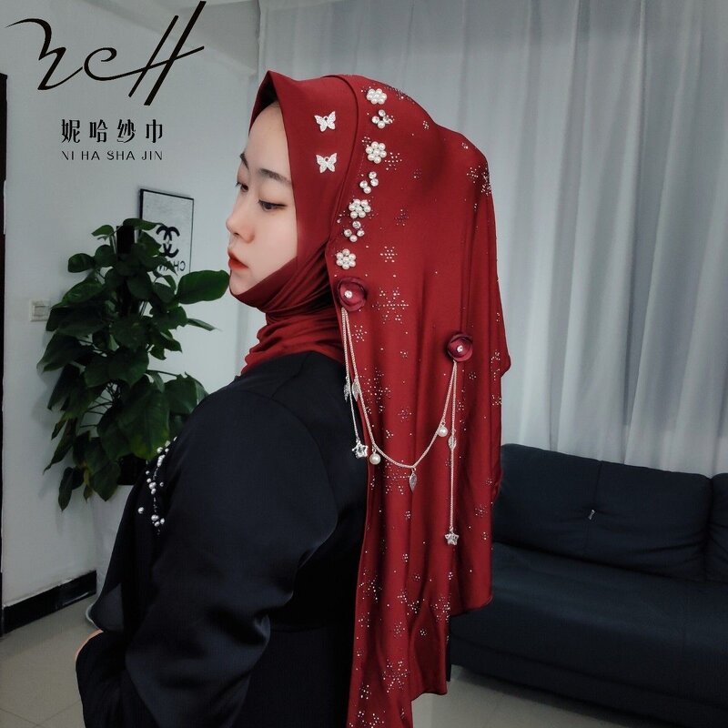 Solid Color Hijab Manufacturer - OEM/ODM Luxury with Intricate Beadwork Crystal Rhinestone