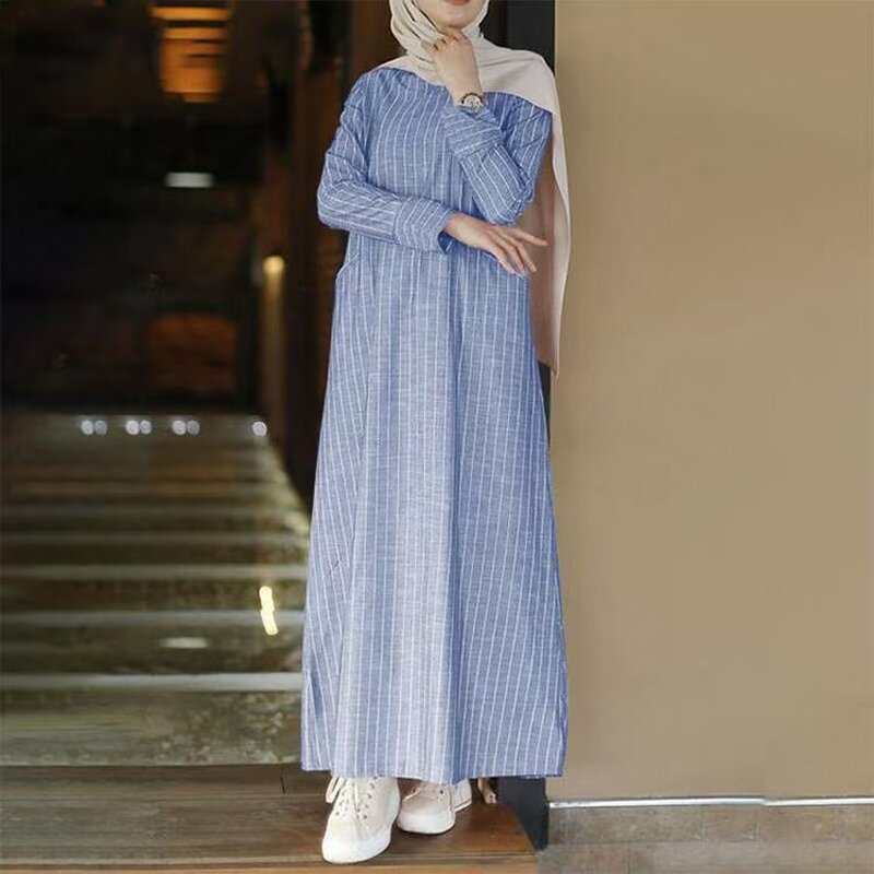Retro Striped Dress Factory - OEM/ODM S-5XL Cotton Linen for Muslim Women Long-Sleeved Casual