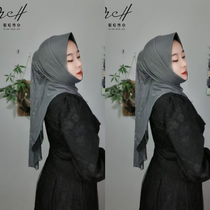 Rhinestone Hijab Manufacturer - OEM/ODM Embroidered with Tail Veil Breathable MeshDouble Layer