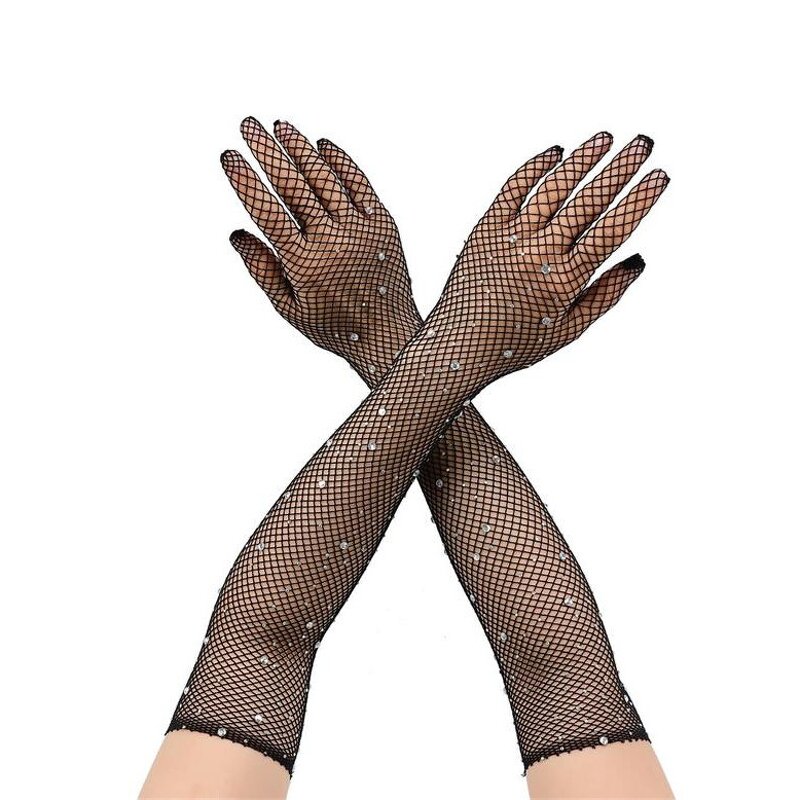 Rhinestone Gloves Manufacturer - OEM/ODM Sparkly Fishnet Stretchy Black Party