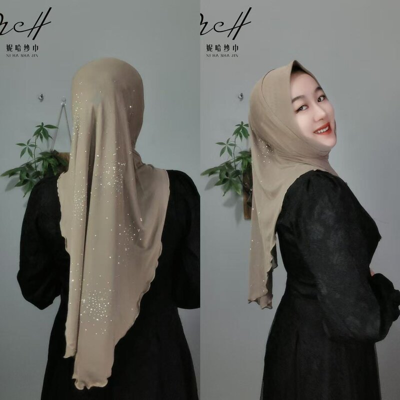 Rhinestone Hijab Manufacturer - OEM/ODM Embroidered with Tail Veil Breathable MeshDouble Layer