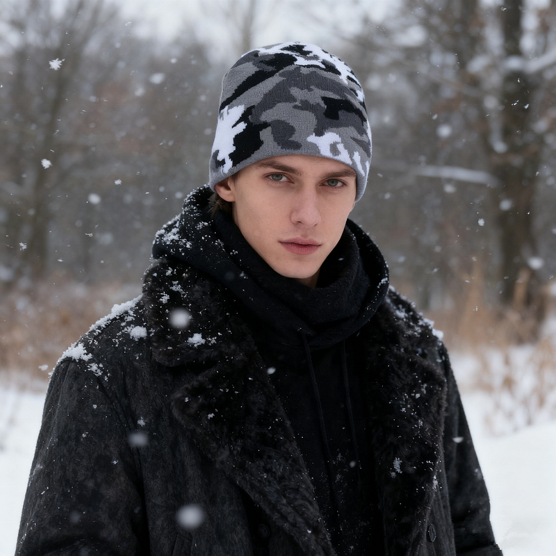 Camouflage Beanie Factory - OEM/ODM Men's Winter Warm with Casual Camouflage Jacquard 3D Embroidery