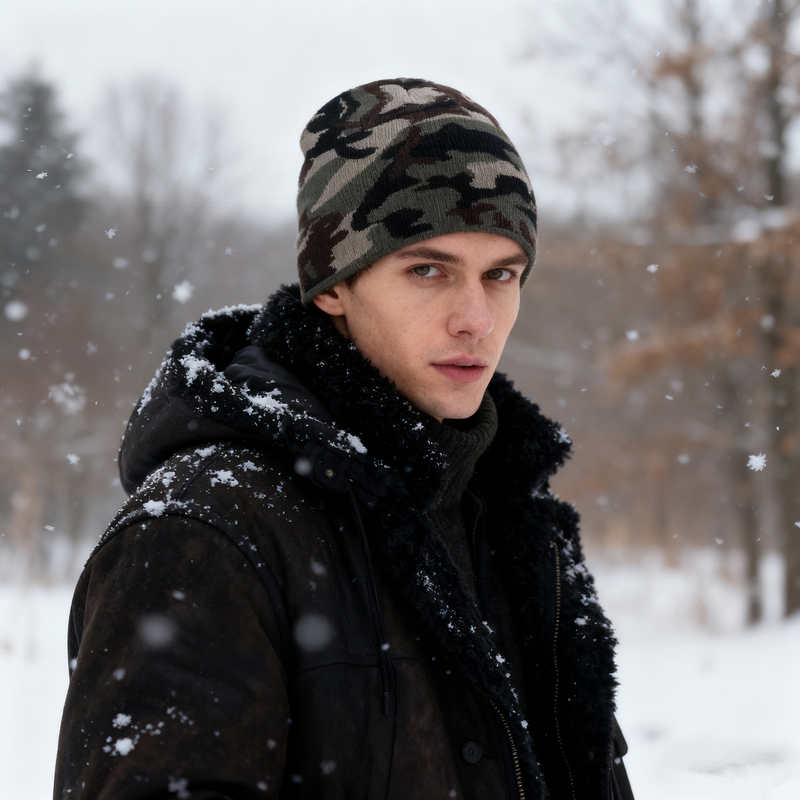 Camouflage Beanie Factory - OEM/ODM Men's Winter Warm with Casual Camouflage Jacquard 3D Embroidery
