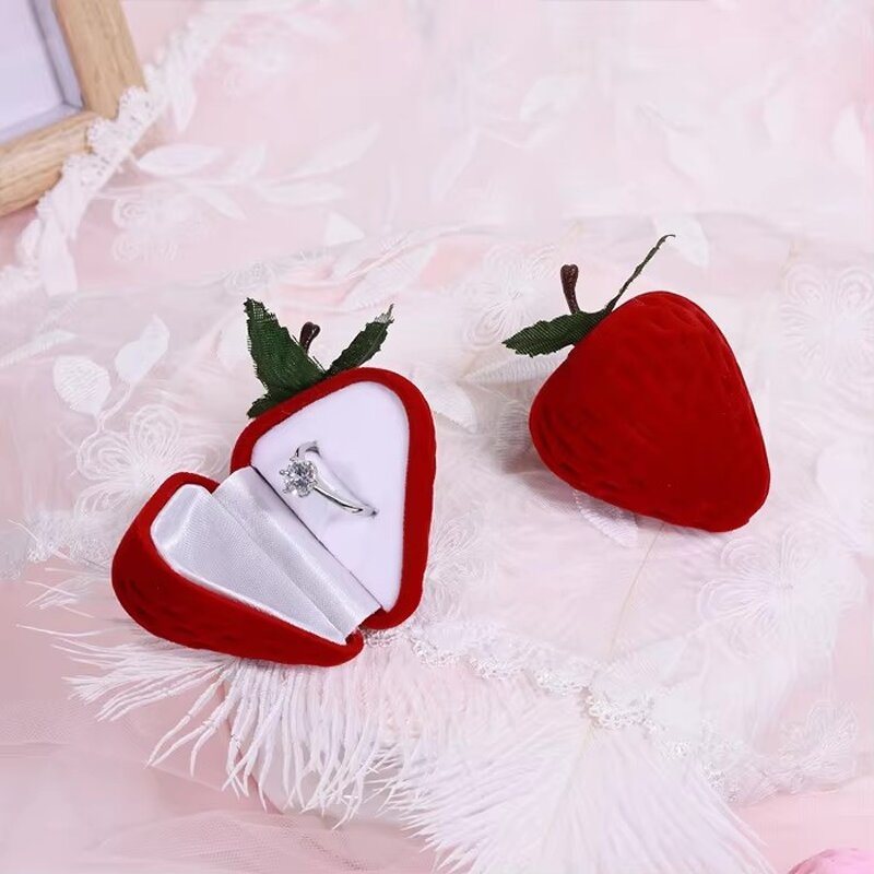 Jewelry Velvet Box Supplier - Red Strawberry Ring Earrings High-grade Flocking