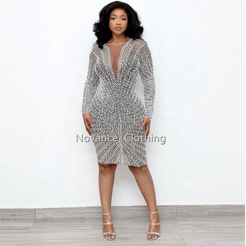 Women Rhinestones Dress Manufacturer - OEM/ODM NOVANCE Pearls Mesh Birthday Evening Celebrate Party