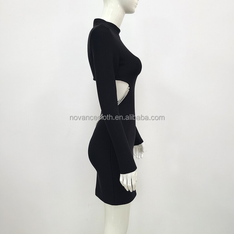 Black Show Waist Dress Manufacturer - OEM/ODM Novance B3199 Formal Elegant Shiny Rhinestone Fringed