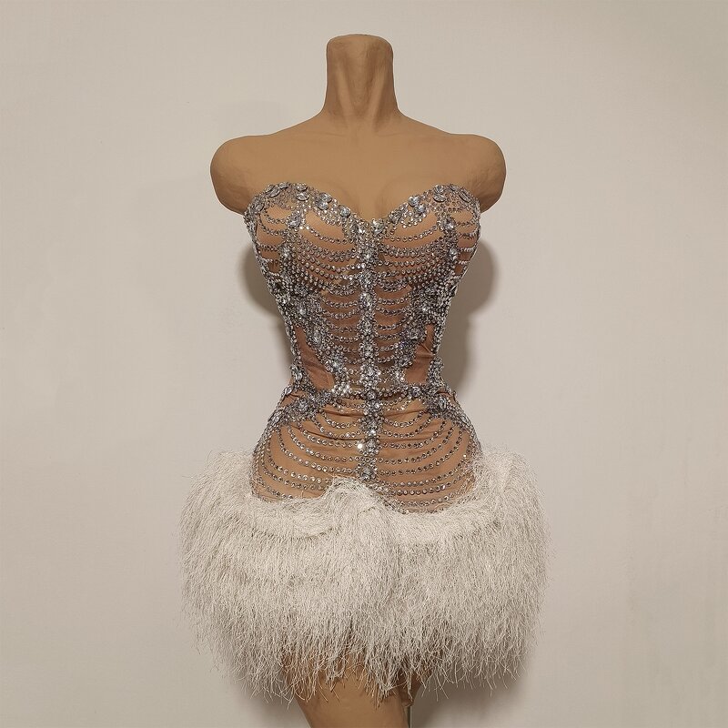 Strapless Sexy Dress Factory - OEM/ODM Novance Y5 Hot Selling Shiny Rhinestones White Feathers Hem