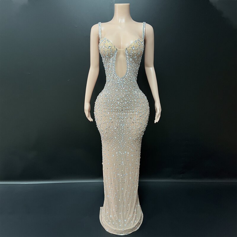 Spaghetti Strap Evening Dress Manufacturer - OEM/ODM Novance Y7 Sexy Luxurious Silver Rhinestones Long