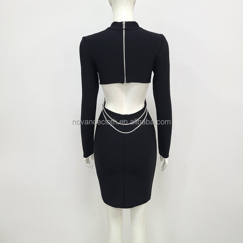 Black Show Waist Dress Manufacturer - OEM/ODM Novance B3199 Formal Elegant Shiny Rhinestone Fringed