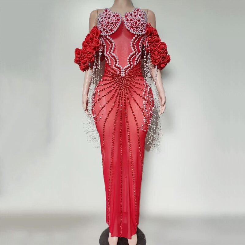 Red Evening Dress Manufacturer - OEM/ODM Novance Y5397 Off Shoulder Rhinestones Luxury Pearls Vestidos