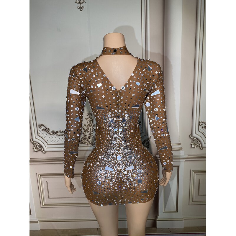 Sheer Dress Factory - OEM/ODM NOVANCE Shiny Diamonds Mirror Sequins Short Brown