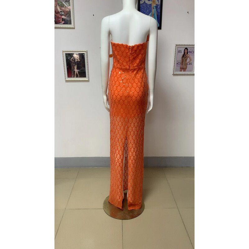 New Arrivals Dress Manufacturer - OEM/ODM NOVANCE 2023 Elegant Feather Unique Orange Bling Sequins