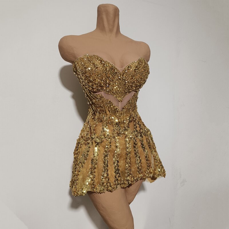 Backless Club Dress Manufacturer - OEM/ODM Novance Y10 Sexy Golden Rhinestones Sequins Dance Costume