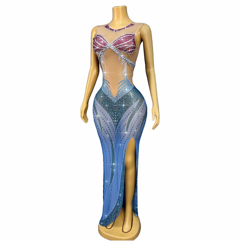 Trending Clothes Manufacturer - OEM/ODM Novance Y5353 Sparkly Rhinestones Blue Evening Gown Side Slit