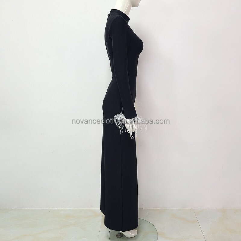 Custom Logo Clothing Manufacturer - OEM/ODM Novance B3263 Shiny Rhinestone Dresses White Feather Slit