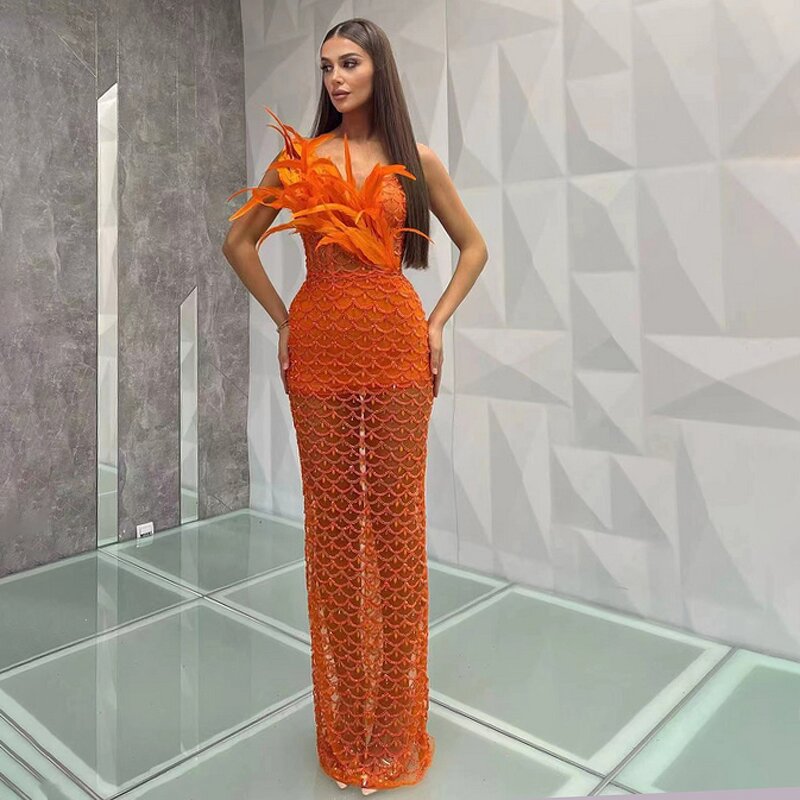 New Arrivals Dress Manufacturer - OEM/ODM NOVANCE 2023 Elegant Feather Unique Orange Bling Sequins
