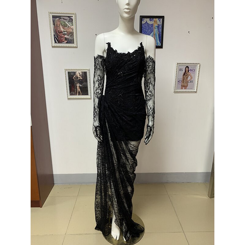 Trendy Items Manufacturer - OEM/ODM NOVANCE High Slit Sexy Tube Top Black Earl Sheer Lace Dress
