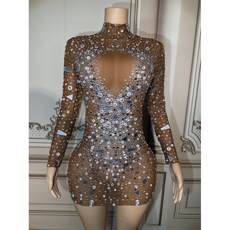 Sheer Dress Factory - OEM/ODM NOVANCE Shiny Diamonds Mirror Sequins Short Brown