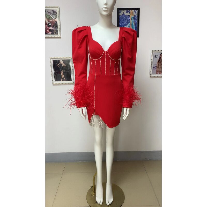 Spring Summer Fashion Manufacturer - OEM/ODM NOVANCE 2023 Shiny Diamond Tassels Puff Sleeve Red Dress